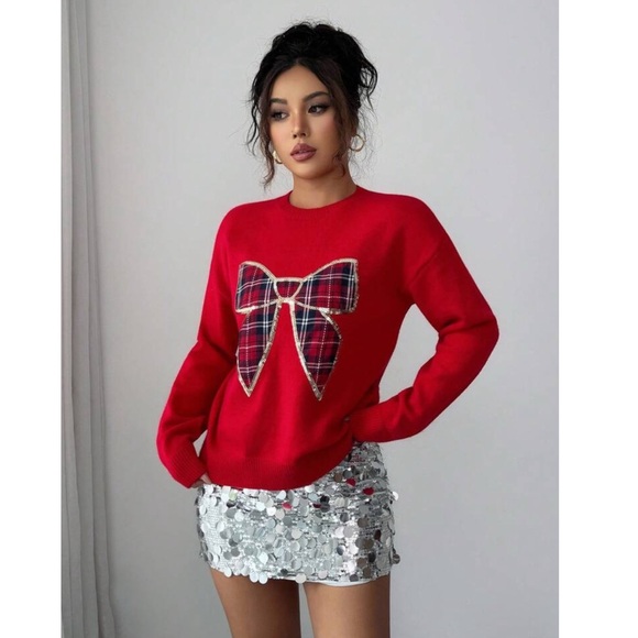 Red Round Neck Sweater with Sequin Plaid Bow - Picture 5 of 5